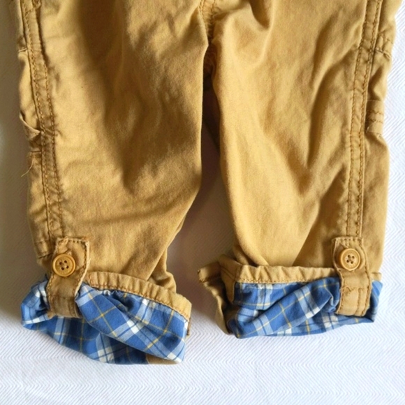 oshkosh b'gosh tan cotton twill carpenter vestbak overalls with plaid 12 months - Picture 2 of 10